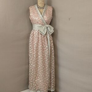 Sixties Silver & Pink Metallic Gown 60s Designer Maxi Feminine Glitter Sz 8 10